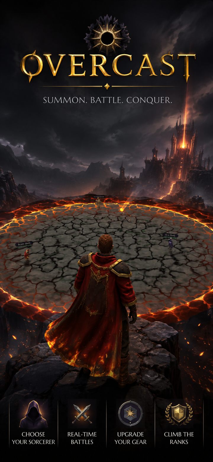 OVERCAST key art: a sorcerer in a crimson, ember-lit cloak stands before the molten arena, a lava-wreathed citadel burning on the horizon